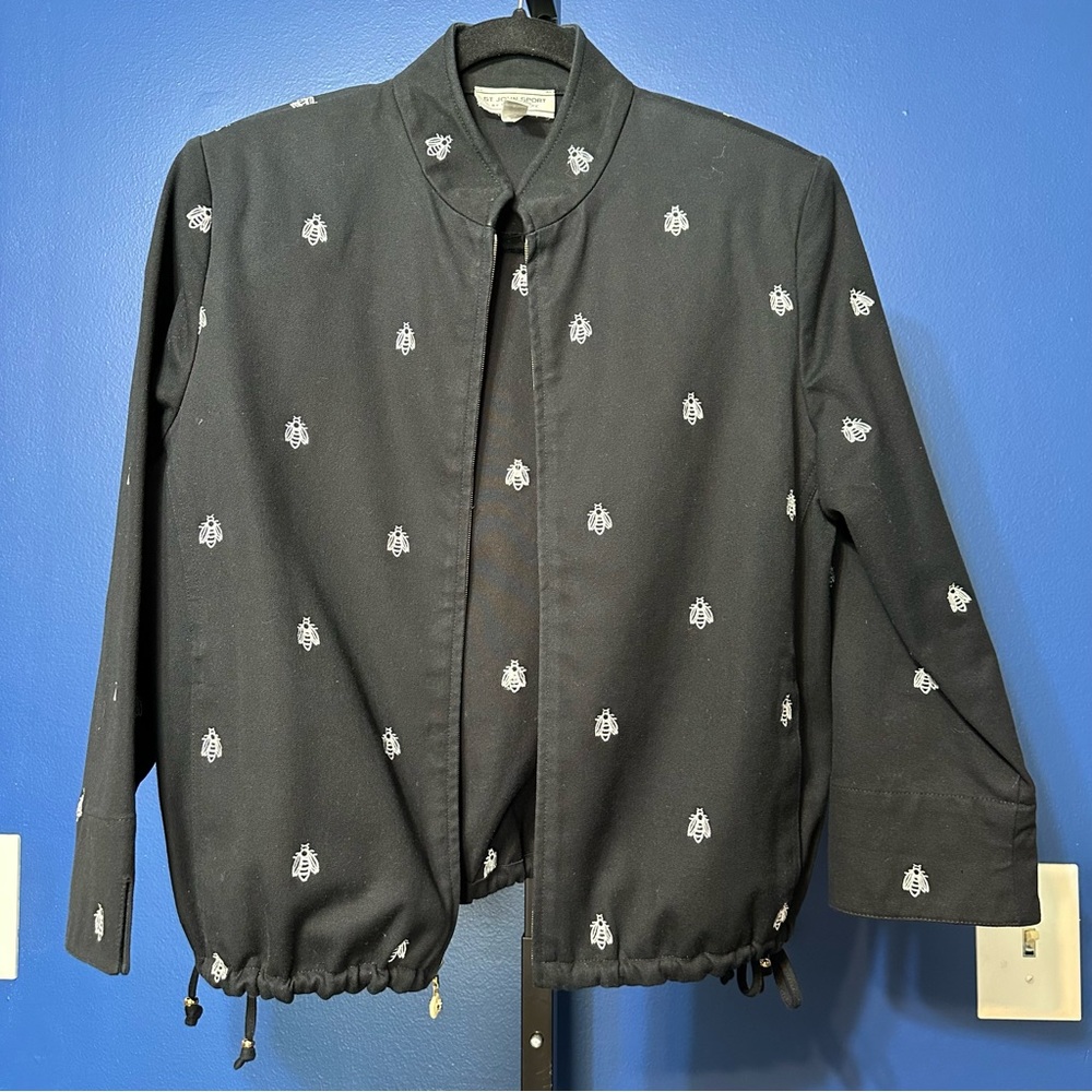 St. John Black Bee Embroidered Sport Jacket and Pants 2pc Set